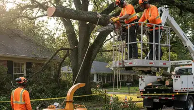 Emergency tree service crew in Saint Louis, MO removing storm-damaged fallen trees safely