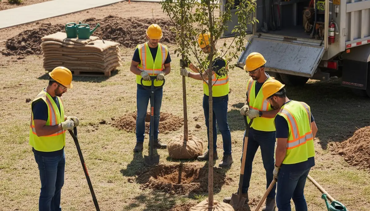 Saint Louis arborists planting a tree for healthy growth on a tree care service site