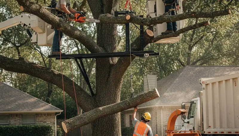Saint Louis, MO tree removal crew safely removing a dead tree from a residential property