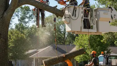 Saint Louis, MO tree removal team safely removing a dead tree from a residential property