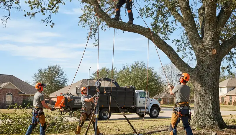 Saint Louis, MO tree removal crew safely removing a dangerous tree from a residential property