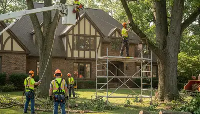 Tree service crew in Saint Louis, MO trimming trees for residential property safety and care