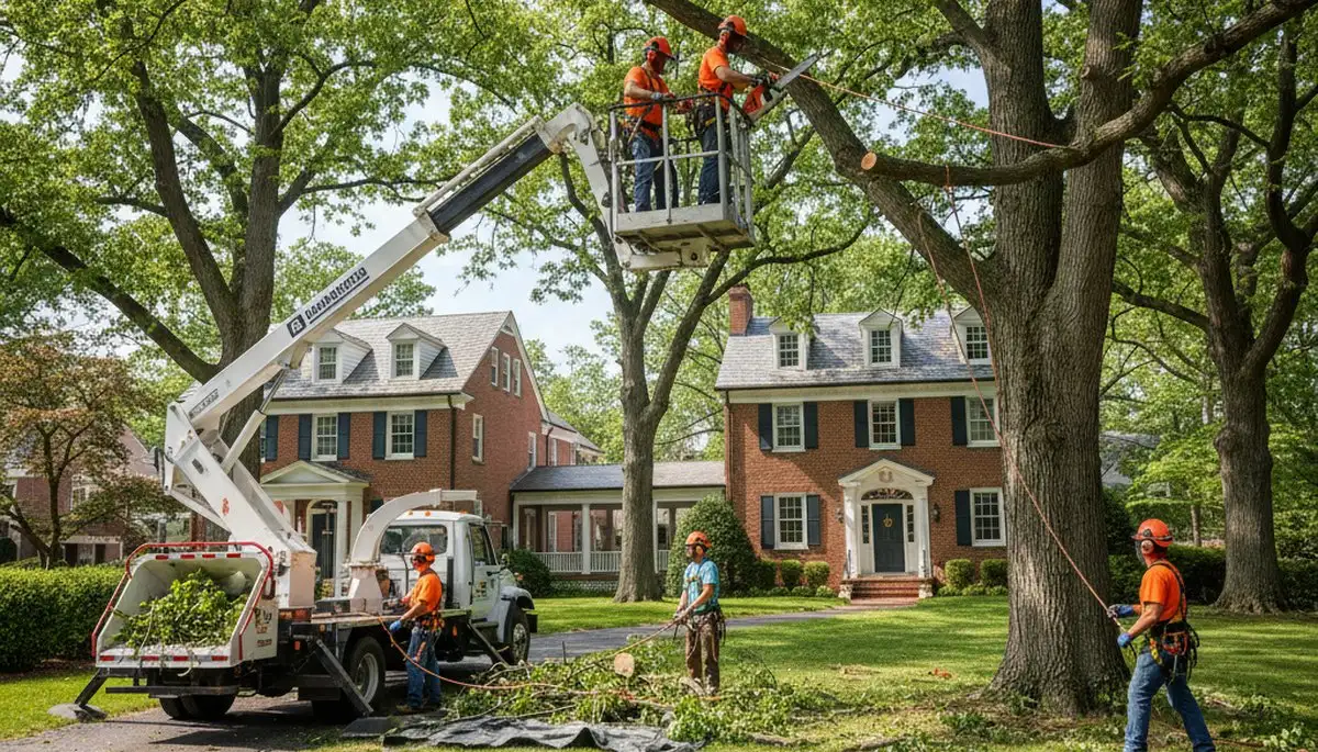 Tree service crew trimming trees in Saint Louis, MO for safe, professional property care