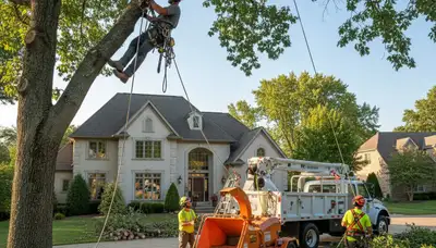 Tree service crew trimming and pruning trees in Saint Louis, MO