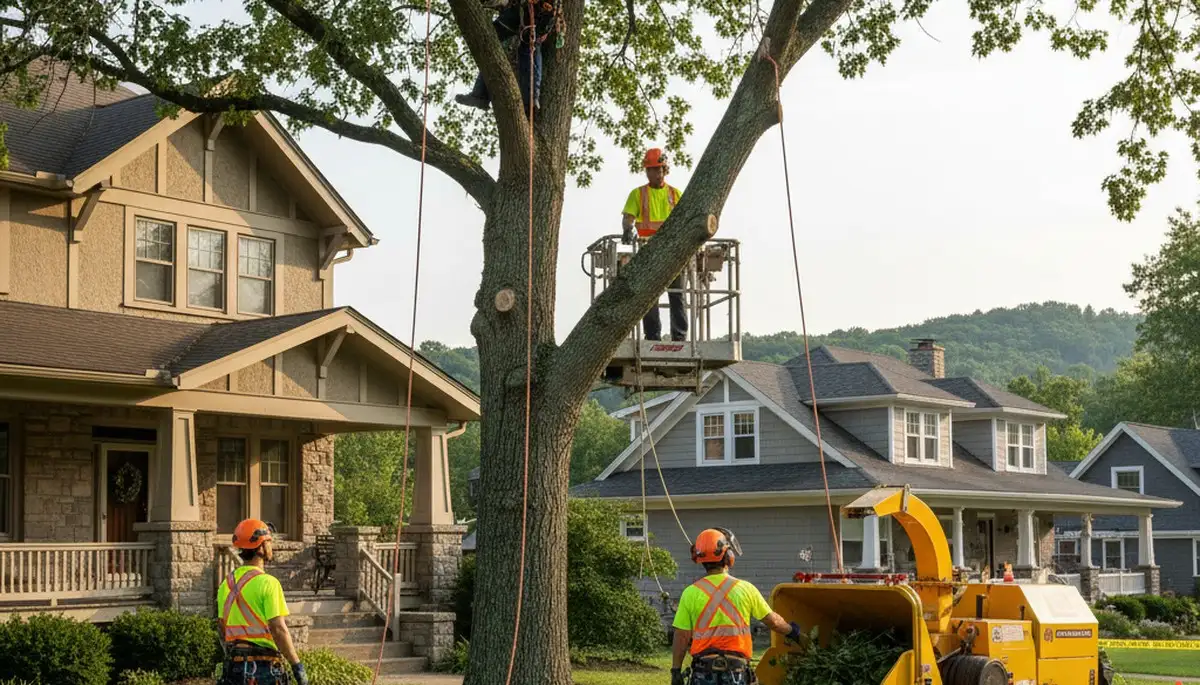 Tree service crew trimming a large tree in Saint Louis, MO for safe, professional maintenance