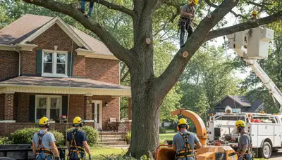 Tree service crew trimming trees in Saint Louis, MO for safer, healthier landscapes