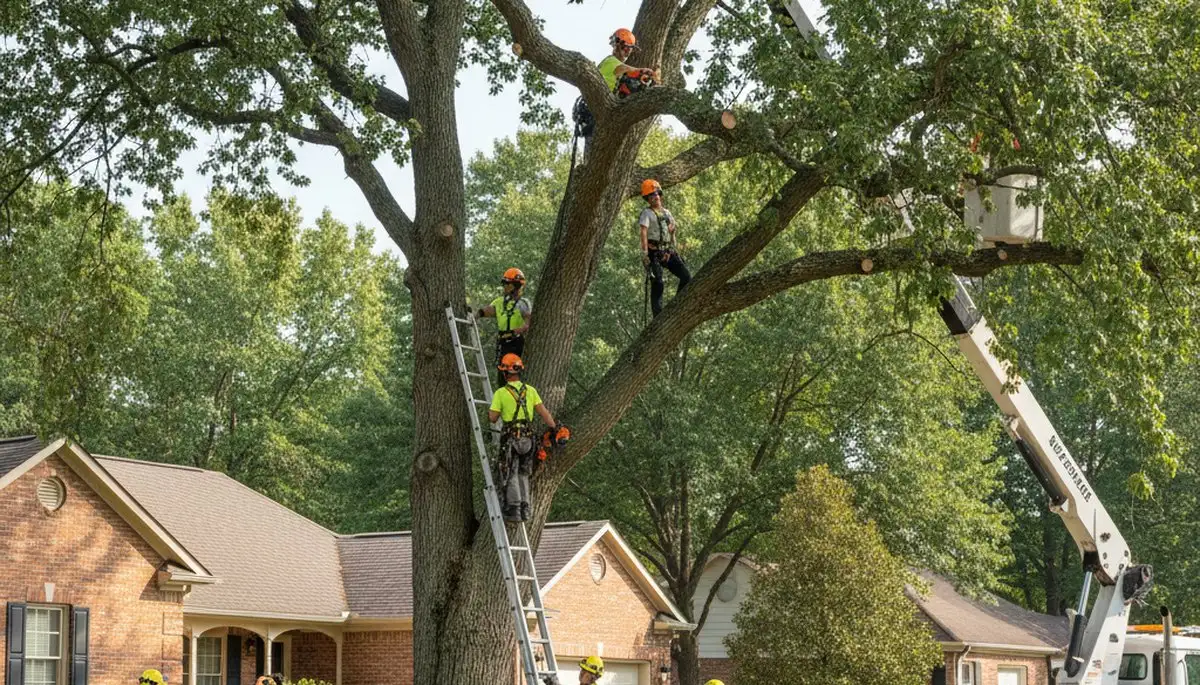 Tree service crew trimming tree branches in Saint Louis, MO for safe, professional maintenance