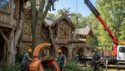 Tree service crew trimming a tree in Saint Louis, MO for safe, professional maintenance