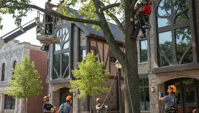 Professional tree service crew in Saint Louis, MO trimming trees for safe, neat landscaping