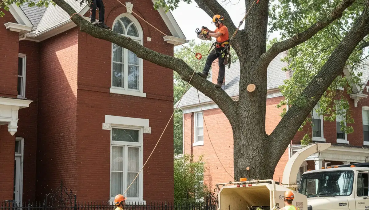 Tree service crew trimming trees in Saint Louis, MO for safe, professional property care