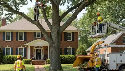 Tree service crew in Saint Louis, MO trimming trees for safe, professional property care