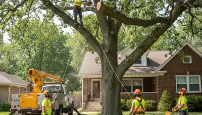 Tree service crew trimming trees in Saint Louis, MO for safe, professional property care