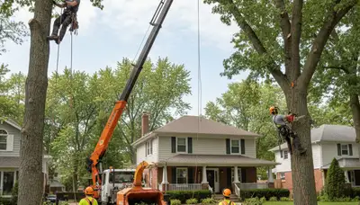 Tree service crew trimming trees in Saint Louis, MO for safe, professional property maintenance