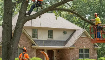 Tree service crew trimming a tree in Saint Louis, MO for safe, professional property care