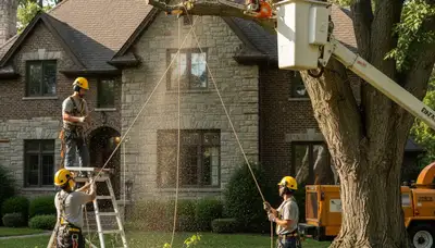 Tree service crew in Saint Louis, MO trimming and removing a tree safely for a residential property