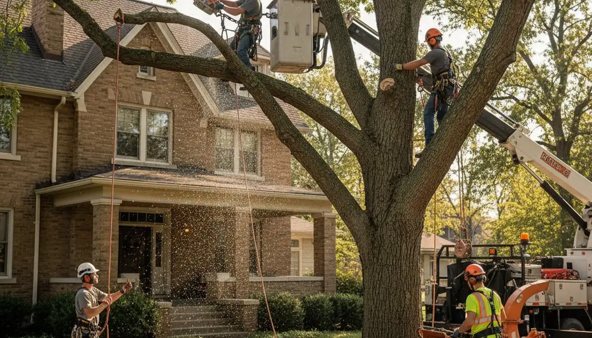 Tree service crew trimming a tree in Saint Louis, MO for safe, professional maintenance