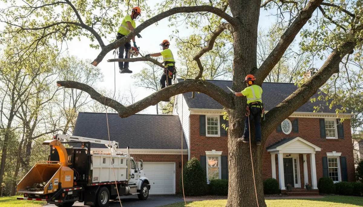 Tree service crew trimming branches in Saint Louis, MO for safer, cleaner trees