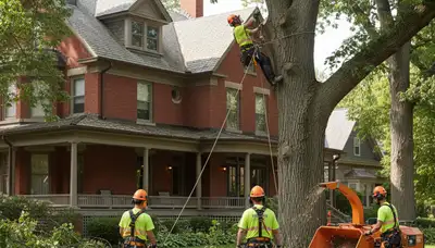 Tree service crew trimming trees in Saint Louis, MO for safe, professional property maintenance