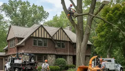 Tree service crew trimming trees in Saint Louis, MO for safe, professional property care