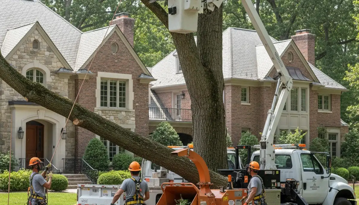 Tree service crew trimming trees in Saint Louis, MO for safe, professional property maintenance