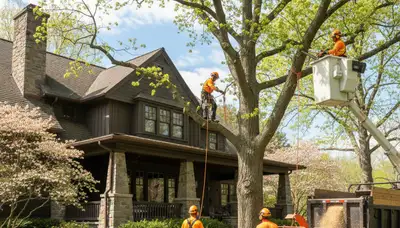 Tree service crew trimming trees in Saint Louis, MO for safe, professional property care