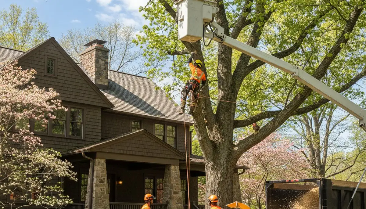 Tree service crew trimming a large tree in Saint Louis, MO for safe, professional care