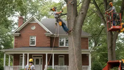 Tree service crew trimming trees in Saint Louis, MO for safe, professional property maintenance