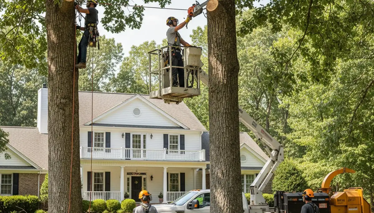 Tree service crew trimming a tree in Saint Louis, MO for safe, professional maintenance